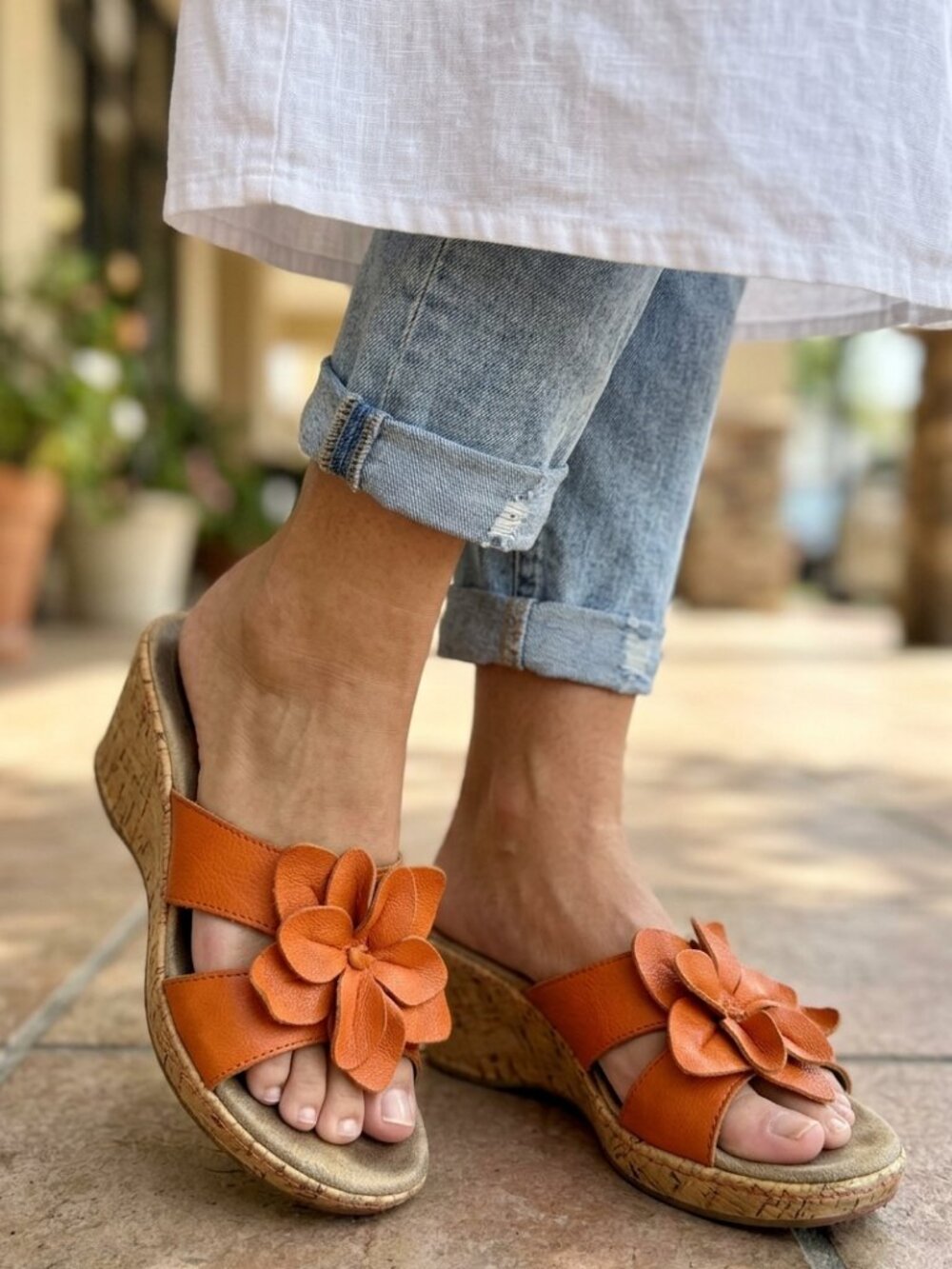 GH Bass & Co Orange Floral Leather Luca Wedge Sandals